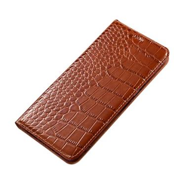 Imagem de HAO RIYLN Capa carteira de couro para iPhone 16 Pro Max/16 Pro/16 Plus/16, padrão clássico de crocodilo, capa flip de couro real com suporte para cartão, latão, 16