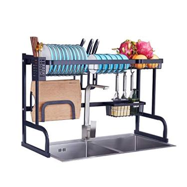 Imagem de Escorredor de louça, escorredor de pratos grande de aço inoxidável premium com ganchos de suporte de utensílios para balcão de cozinha, antiderrapante, preto