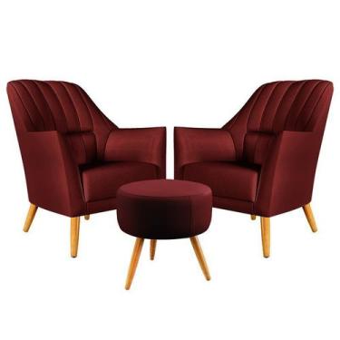 Imagem de Kit 2 Poltronas Decorativa Orion Bordada com Puff Solar Sued Bordô Ara