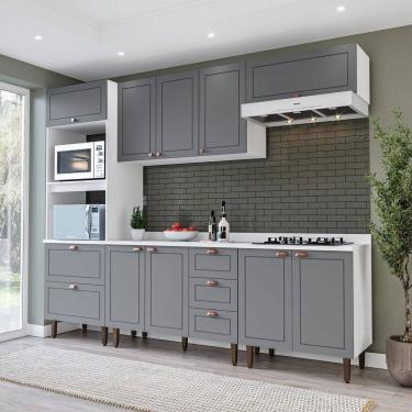 Imagem de Cozinha Pérola com Tampo 5 Peças Torre Quente Aéreo 3 Portas Balcão 120 Balcão 80 e Basculante Yesca Branco/Cinza