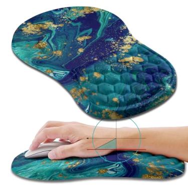 Imagem de Hokafenle Mouse pad ergonômico suporte de pulso com design de massagem, descanso de pulso para alívio da dor Mousepad com espuma de memória e base de poliuretano antiderrapante, mouse pads para mouse e mesa sem fio (30,5 x 20,32 cm, azul dourado