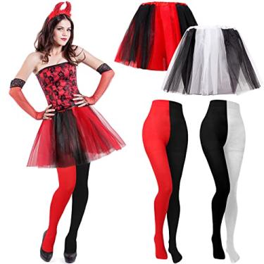 Imagem de Conjunto de 4 peças de acessórios para fantasia de tutu de tule de Halloween, 2 peças de leggings femininas de dois tons com pés justos e 2 peças de saia tutu de tule para festa de dança, atividades
