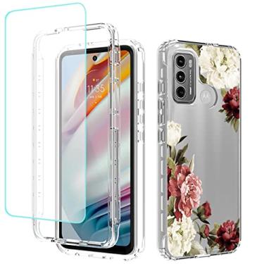 Imagem de Tothedu Capa de celular para Motorola G60, Capa com protetor de tela de vidro temperado, linda estampa floral transparente, corpo inteiro para Motorola Moto G60 XT2135-1 XT2135-2