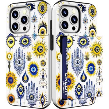 Imagem de IWONE Capa para celular compatível com iPhone 15 Promax fofa com porta-cartões fina para mulheres/coleção de olhos turcos símbolo religioso mágico abstrato azul amarelo
