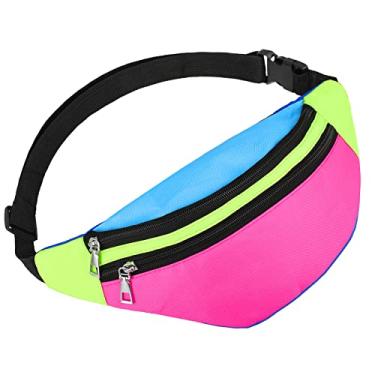 Imagem de Pochete neon dos anos 80 anos 90 para mulheres, ajustável, retrô, com dois bolsos, cinto leve, impermeável, bolsas de corrida para mulheres, homens, viagens, festivais, festas temáticas (estilo