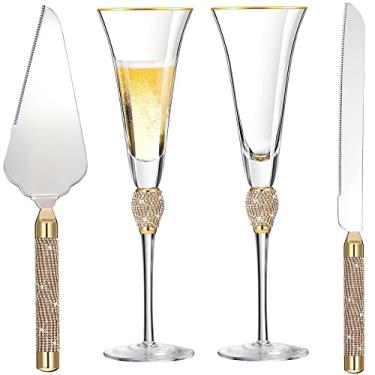 Imagem de VARLKA Conjunto de faca e servidor de bolo de casamento, taças de champanhe de cristal de 200 ml para noivas e noivos, conjunto de corte de bolo para presente de noivado de casamento