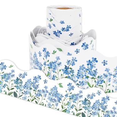 Imagem de AnyDesign Bordas de quadro de avisos florais em aquarela de 1,8 m azul branco Miosotis Sylvatica Miosotis Sylvatica acabamento decorativo borda de mola sazonal para parede escolar quadro-negro sala de