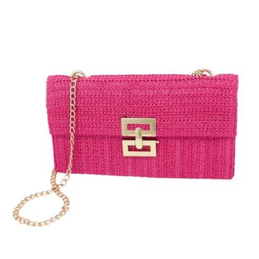 Imagem de Ondder Bolsa de ombro feminina de tecido de palha bolsa clutch de palha bolsa de praia transversal bolsa de ombro ráfia para mulheres, Rosa choque