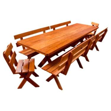 Imagem de Conjunto Mesa Rústica 3m 4 Bancos e 2 Cadeiras Madeira Maciça Angelim 