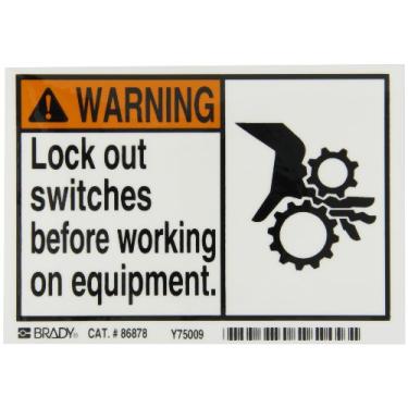 Imagem de Brady 86878, etiquetas de equipamento/OEM, 8 1/5.1 cm de altura x 12.7 cm de largura, preto/laranja no branco, legenda "Bloquear interruptores antes de trabalhar no equipamento." (5 por embalagem)