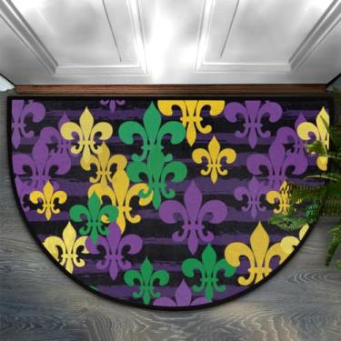 Imagem de Tapete de porta meio redondo Mardi Gras Fleur De Lis Tapete frontal durável Tapete de lareira Tapete de área antiderrapante Capachos de semicírculo de baixo perfil para entrada de lareira Garagem Pátio Áreas de alto tráfego