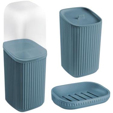 Imagem de Kit Banheiro Lavabo Saboneteira Porta Escova De Dente Porta Algodão Plástico Para Decoração (Azul)