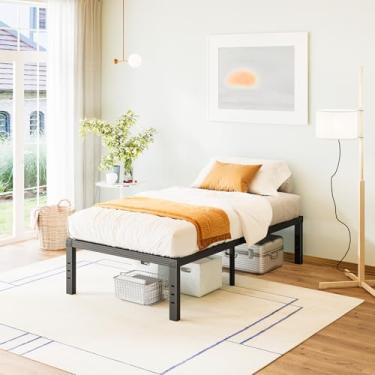 Imagem de FSCHOS Bed-Frame-Twin, plataforma de metal de 40,6 cm tamanho solteiro sem necessidade de mola, estrutura de cama de solteiro resistente fácil montagem, sem ruído, preto