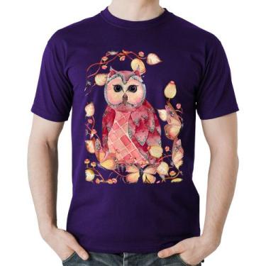 Imagem de Camiseta Algodão Coruja e Folhas - Foca na Moda, Roxo, GG