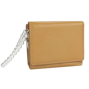 Imagem de AurexaFashion Carteira feminina de couro genuíno com três dobras, porta-moedas, porta-cartões de identificação com alça de mão, #06 Caramelo, Short; 4.33" x 3.34" x 1.18", Carteira feminina de três