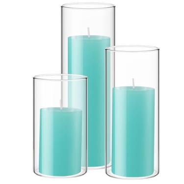Imagem de Shihanee Conjunto de 3 velas de pilar azul lago e 3 castiçais de cilindro de vidro para velas finas, casamento, dia das bruxas, dia de ação de graças, centro de mesa de Natal (6 x 12 cm, 15 cm, 19 cm)