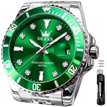 Imagem de OLEVS Relógio masculino, moda luxo esmeralda grande face aço inoxidável diamante vestido calendário dourado à prova d'água luminoso relógios de pulso para homens, 9809: pulseira prata e mostrador