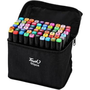 Imagem de Canetinha Ponta Dupla para Colorir Kit Estojo de Canetas Escolar Marcador Coloridas Permanente Duas Pontas 60 Cores