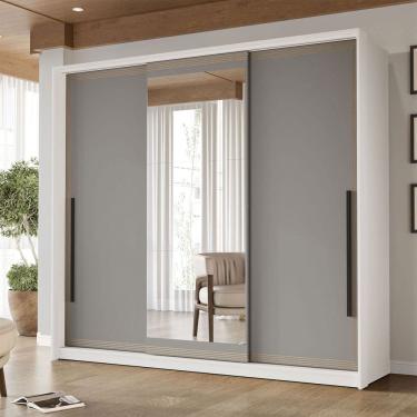 Imagem de Guarda-Roupa Casal Valência 3 Portas 4 Gavetas com Espelho Branco/Cinza - Politorno