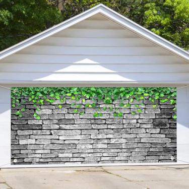 Imagem de Fundo de parede de tijolo cinza vintage de 1,7 x 4,6 m, decoração de fundo de porta de garagem, natureza, hera, folhas verdes, coberto, parede, pano de fundo para chá de bebê, decoração de festa de