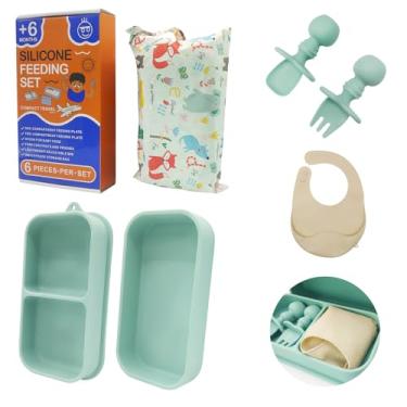 Imagem de Conjunto de silicone para alimentação de bebê, 6 em 1, placas de silicone portáteis à prova de derramamento com sucção, colher e garfo de silicone, babador de bebê leve e dobrável para crianças