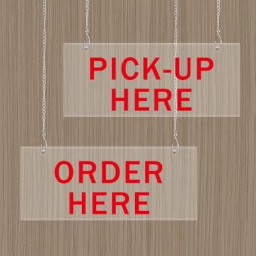 Imagem de Placas para pedir aqui e pegar aqui, pacote com 2 placas dupla face order here, adequadas para restaurantes, cafés e bares, padaria - 30,5 x 20,32 cm - transparente