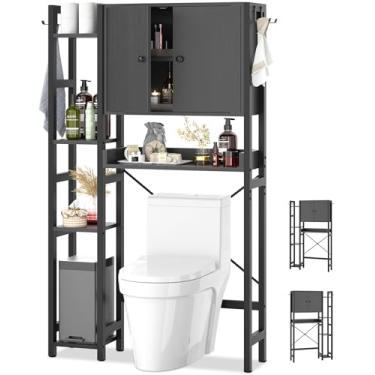 Imagem de Besiost Armário de Armazenamento sobre o Vaso Sanitário com Portas - Organizador de Banheiro de 7 Camadas com Prateleira Ajustável - Preto - 79 cm (C) x 24,6 cm (L) x 161 cm (A) - Banheiro