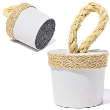 Imagem de Peso de Porta Decorativo Concreto Redondo Faixa Sisal 1,3Kg Aleta Artesanal Base Carpete Anti Risco(2)
