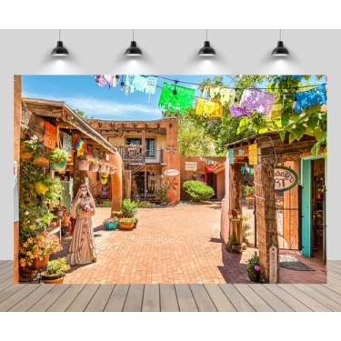 Imagem de CHNYWORK Pano de fundo histórico da cidade velha de 2,1 x 1,5 m Novo México EUA Plaza Vieja Square Mexican-Style Shop Albuquerque Street Background Viagem Casamento Festa de Aniversário Decoração