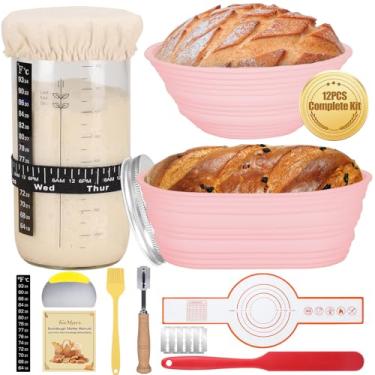 Imagem de TeeMars Kit De Fermento Natural, Pote 34 Oz Para Suporte Pão Forno Holandês, 2 Cestos Fermentação Pão, Termômetro, Rastreador Tempo, Raspador Metal, Suprimentos Completos Assar Natural - Rosa