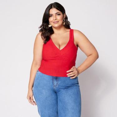 Imagem de Blusa Cropped de Alça Plus Decote V com Bojo - Sal Do Mar, Vermelho
