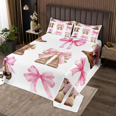 Imagem de Feelyou Colcha com laço, tamanho queen, botas ocidentais, acolchoadas, cobertor, decoração ocidental, conjunto de coberta, gravata borboleta, nó de príncipes, acolchoado, coral, rosa