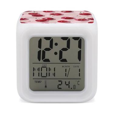 Imagem de RTFGHJS Despertador com padrão cereja colorido despertador pequeno visor LED despertador digital relógio compacto relógio eletrônico para quartos cabeceira mesa prateleira tamanho único