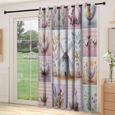 Imagem de Divisória de parede de cortina divisória de sala de fazenda, padrão pastel colorido flores porco galo frango, adequado para porta de vidro deslizante cortinas térmicas de sala de estar, L 250 x C 272