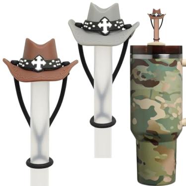 Imagem de Amreich Chapéu de cowboy - 2 peças de capas engraçadas de palha de silicone reutilizável com cor cinza e marrom 30 1,134 g Stanley Tumbler acessórios para meninos