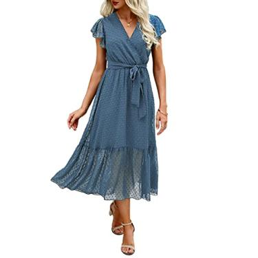 Imagem de BTFBM Vestido feminino de verão, boêmio, floral, casual, com decote em V, babados, sem mangas, cinto evasê, bainha plissada, midi vestido de sol branco, Ponto suíço cinza azul, GG