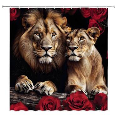 Imagem de YSSFAV Cortina de chuveiro rosa vermelha e leão vermelho floral animais poderosos vida selvagem africana decoração de banheiro conjunto com ganchos, 177,8 cm L x 177,8 cm A