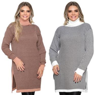 Imagem de Kit 2 Ponchos Feminino Plus Size Xadrez Gola Alta de Tricô - Ebenezer,