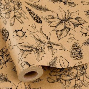 Imagem de MAYPLUSS Papel de embrulho de Natal, papel de embrulho de baga de azevinho, vintage reciclável, papel de embrulho de presente de Natal Kraft com estampa de pinha para presente de férias de inverno