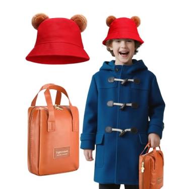 Imagem de Skicuff 2 Pcs Travel Bear Costume Accessories Bear Ears Red Bucket Hat and Brown Handheld Travel Makeup Bag for Adult Halloween Cosplay Party Supplies