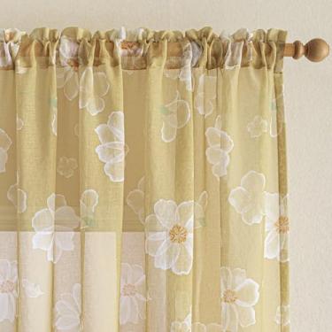 Imagem de MEETSKY Cortinas transparentes Flora para sala de estar, cortinas de filtragem de luz para quarto de menina com bolso de haste, flor branca drapeada amarela, estilo fazenda, 132 x 213 cm