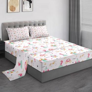 Imagem de Pamnest Jogo de lençol solteiro, desenho animado de princesa castelo de 4 peças, para decoração de quarto de crianças e adultos, lençol com elástico e 2 fronhas