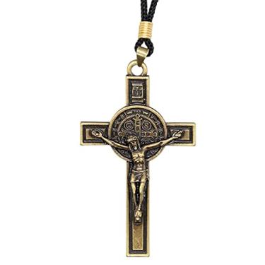 Imagem de Colar com pingente de crucifixo de São Bento | Santo Padroeiro dos Estudantes e da Europa | Inclui cordão | Ótimo presente católico para a primeira comunhão, confirmação, graduação e ordenação, Metal,