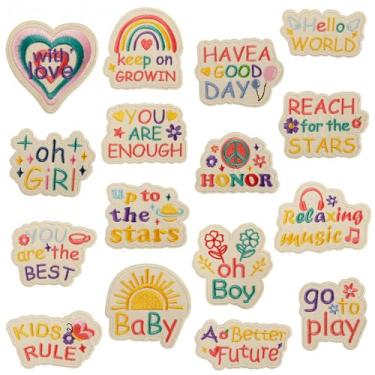 Imagem de Conjunto de apliques coloridos bordados com letras positivas, citações motivacionais, desenhos para roupas, crianças, meninas, jaquetas, bolsas, decoração de costura (estilo1 (16 peças)