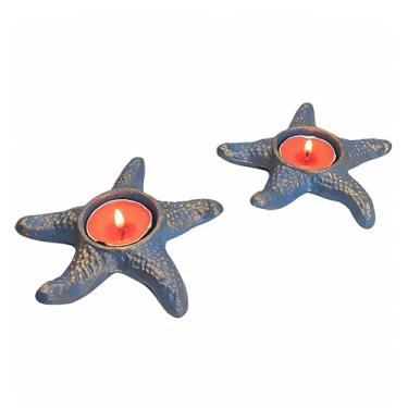 Imagem de Castiçal de ferro fundido pequeno, castiçal vintage feito à mão, suporte de vela rústico, suporte de vela de fazenda para prateleira de lareira para decoração de casa (padrão de estrela do mar azul)