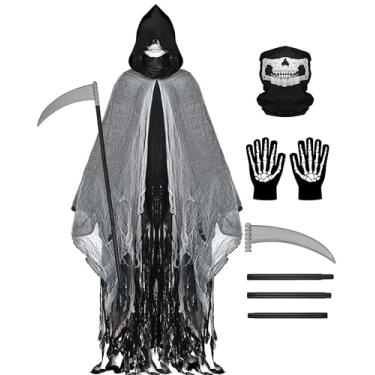 Imagem de Fantasia de Ceifador, Capa com Capuz de Halloween, Fantasias de Cosplay para Adultos, Capa de Ceifador com Foice, Máscara de Caveira, Luvas, Preto, M