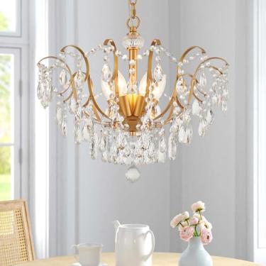 Imagem de MERCASA Lustre de cristal dourado para sala de jantar, pingo de chuva moderno 6 luzes 50,8 cm lustre de teto de luxo K9 luminária pendente para sala de estar quarto hall de entrada