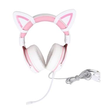 Imagem de Diydeg Fone de Ouvido de Jogos Com Fio para PC, Fone de Ouvido de Computador USB RGB Com Microfone Destacável, Estrutura de Alumínio, Cancelamento de Ruído sobre (Rosa branco com orelhas de gato
