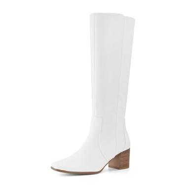 Imagem de Shoe'N Tale Botas femininas de cano alto, bico quadrado, salto médio, grosso, salto alto, zíper lateral, Poliuretano branco, 40