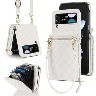 Imagem de Bolsa crossbody com zíper, bolsa carteira de couro para Samsung Galaxy Z Flip 5 4 3 Flip5 Flip4 5G alça longa capa de cordão, branca, para Samsung Z Flip 5